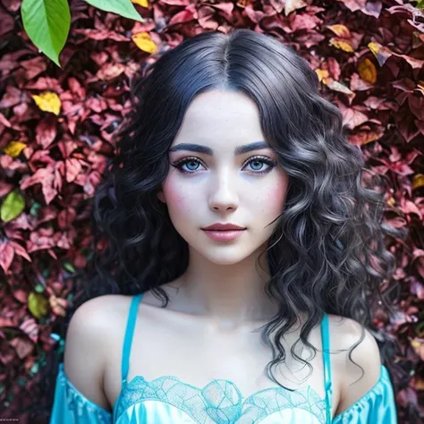 closeup, European photo model, easy smile, (heterochromia, vitiligo,:1.2) fine body, skin moles, (the wind develops the hair:1.2), (The lace negligee:1.1), noon, looking at camera, (shade of leaves:1.2), professional studio, (natural skin texture, hyperrealism, soft light, sharp:1.2), A young woman wakes up and sees that she is inside a simulated world. Three-layer picture. Layer A (20%): Contour of laser light in blue and red. Layer B (40%): Artificial world. Layer C (40%): Simulation. Spray paint on blue glass. High detail, sharp focus, masterpiece quality. 32k resolution. Perfect Face. Perfect faces. If there are body parts, they are normal