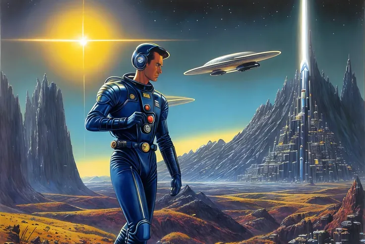 a man, hyperrealism, Ed Emshwiller, scifi, a storybook illustration, retrofuturism