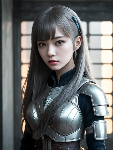 cinematic shot, centered, cinematography, intricately detailed, crafted, meticulous, magnificent, maximum details, extremely hyper aesthetic, (((1girl, solo))),
18age, long hair, grey hair, Realistic, armored dress,