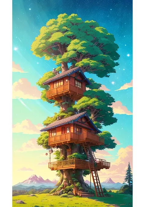 Realistic, real life, beautiful small tree house, night, stars in the sky, style of laurie greasley, studio ghibli, akira toriyama, james gilleard, genshin impact, trending pixiv fanbox, acrylic palette knife, 4k, vibrant colors, devinart, trending on artstation