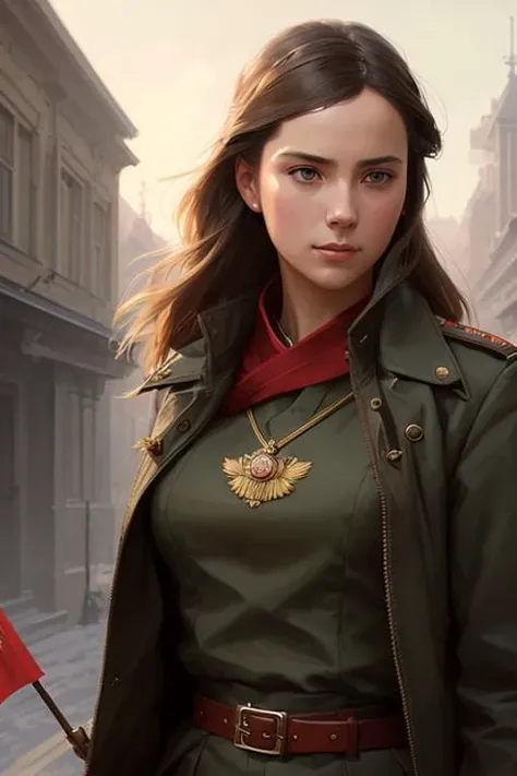 modelshoot style, (extremely detailed CG unity 8k wallpaper, hasselblad award winner), beautiful detailed portrait of a young blonde female, beautiful sports girl in the militia uniform of the Soviet Union, serious look, cinematic lighting, ambient soft lighting, dramatic lighting, diffused soft lighting, aviator style, (detailed background with red flags of the soviet union:1.2), futuristic, imperial style, elite, rich, highly detailed, intricate, sexy uniform, hot body, small breasts, with a long blonde tail and a long brown fur leather coat, artstation, cgsociety art, DeviantArt trending, 8k HD, masterpiece, high quality, sharp focus, digital art by Artgerm and Greg Rutkowski and Alphonse Mucha, professional majestic oil painting by Ed Blinkey, Atey Ghailan, Studio Ghibli, by Jeremy Mann, Greg Manchess, Antonio Moro, trending on ArtStation, trending on CGSociety, Intricate, High Detail, Sharp focus, dramatic, photorealistic painting art by midjourney and greg rutkowski