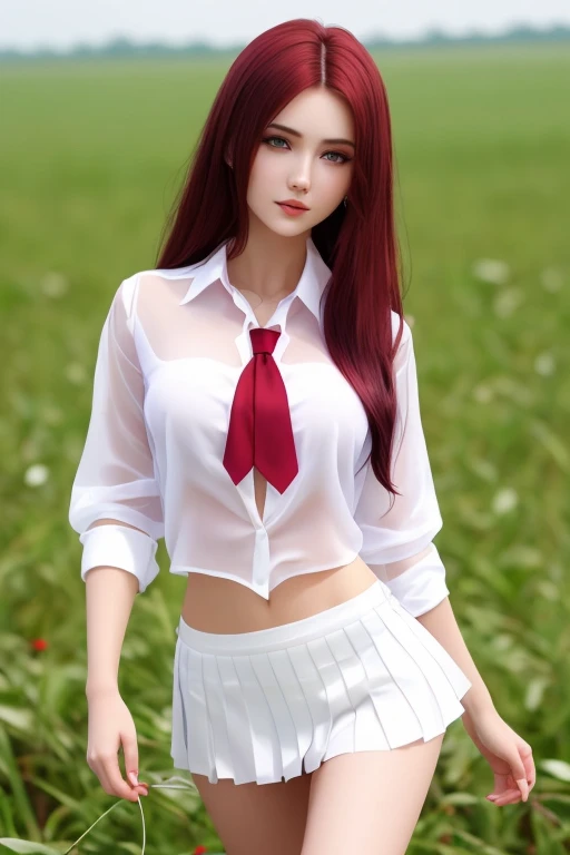 attractive young woman, (beautiful face:1.1), realistic face, translucent nipples, sexy pose, folds on clothes, beautiful breasts, intrigue, beautiful legs, detailed eyes, white cotton shirt with mini skirt, burgundy hair, red tie, walking on the Russian field