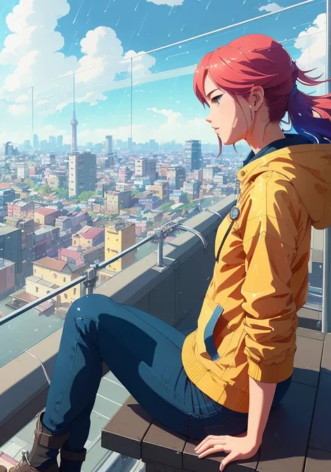 Realistic, real life, beautiful Cute Girl sitting on a roof looking down at a city below, extremely detailed by greg rutkowski makoto shinkai kyoto animation key art feminine mid shot, ((rainy day, cloudy sky)), style of laurie greasley, studio ghibli, akira toriyama, james gilleard, genshin impact, trending pixiv fanbox, acrylic palette knife, 4k, vibrant colors, devinart, trending on artstation