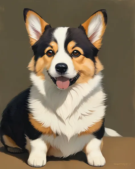 close up portrait of a happy corgi dog, dark background, anime style, ghibli studio style, highly detailed, professional majestic oil painting by Ed Blinkey, Atey Ghailan, Studio Ghibli, by Jeremy Mann, Greg Manchess, Antonio Moro, trending on ArtStation, trending on CGSociety, Intricate, High Detail, Sharp focus, dramatic, photorealistic painting art by midjourney and greg rutkowski