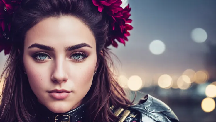a close up portrait photo of beautiful woman warrior with sexy face, (jewelry:0.5), high detailed skin, curvy, city, night time 8k uhd, dslr, high quality, Fujifilm XT3, cinematic, photorealism, photorealistic, (natural eyes:1.1), (natural iris:1.1), (natural lips:1.1), (natural skin:1.1), detail, sharp focus