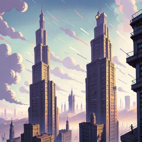 Levitate city, Sovietpunk, Moscow, ArtStation, Greg Rutkowski style, (professional majestic painting), [Studio Ghibli style |Greg Manchess style | Antonio Moro style| Studio Ghibli style], ((cartoon)), anime, (fisheye:1.1), (UV light:0.7), twist