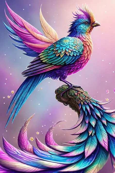 side view of fractal colorfully fantasy bird, tint feathers, dreamlike, glitters, soft lighting, hyperdetailed, concept art, digital painting, fantasy, flowers, epic, intricate details, sharp focus, trending on artstation, by Bella, oversaturated, rainbow sparkles on background