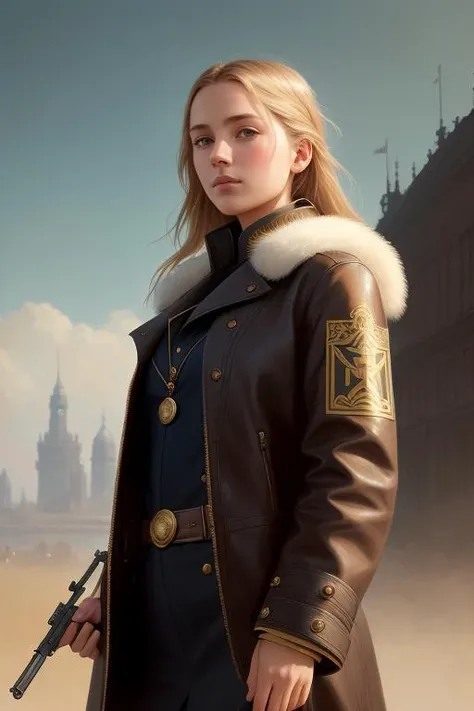 modelshoot style, (extremely detailed CG unity 8k wallpaper, hasselblad award winner), beautiful detailed portrait of a young blonde female, beautiful sports girl in the militia uniform of the Soviet Union, imperial style, elite, rich, highly detailed, intricate, sexy uniform, hot body, small breasts, with a long blonde tail and a long brown fur leather coat, artstation, cgsociety art, DeviantArt trending, 8k HD, masterpiece, high quality, sharp focus, digital art by Artgerm and Greg Rutkowski and Alphonse Mucha, professional majestic oil painting by Ed Blinkey, Atey Ghailan, Studio Ghibli, by Jeremy Mann, Greg Manchess, Antonio Moro, trending on ArtStation, trending on CGSociety, Intricate, High Detail, Sharp focus, dramatic, photorealistic painting art by midjourney and greg rutkowski