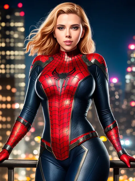 a close up portrait photo of beautiful Scarlett Johansson in spider-man costume, cheeky smile, (jewelry:1.0), high detailed skin, curvy, night cyberpunk city on the background, night time 8k uhd, dslr, high quality, Fujifilm XT3