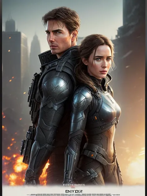 Tom Cruise and Emily Blunt from Edge of Tomorrow, vhs effect, (poster:1.5), poster on wall, nostalgia, movie poster,
(skin texture), intricately detailed, fine details, hyperdetailed, raytracing, subsurface scattering, diffused soft lighting, shallow depth of field, by (Oliver Wetter)
 trending on CGSociety, Intricate, High Detail, Sharp focus, dramatic, photorealistic painting art by greg rutkowski