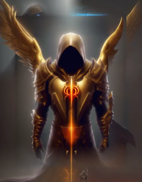 a full body fantasy male angel, wearing hood, wearing golden armor, ((no face under the hood)), ((no legs)), (Blizzard Entertainment style:1.2), (Diablo game:1.3), glowing wings, masterpiece, 8k wallpaper