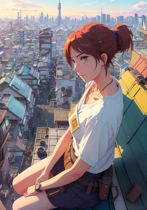 Realistic, real life, beautiful Cute Girl sitting on a roof looking down at a city below, extremely detailed by greg rutkowski makoto shinkai kyoto animation key art feminine mid shot, style of laurie greasley, studio ghibli, akira toriyama, james gilleard, genshin impact, trending pixiv fanbox, acrylic palette knife, 4k, vibrant colors, devinart, trending on artstation