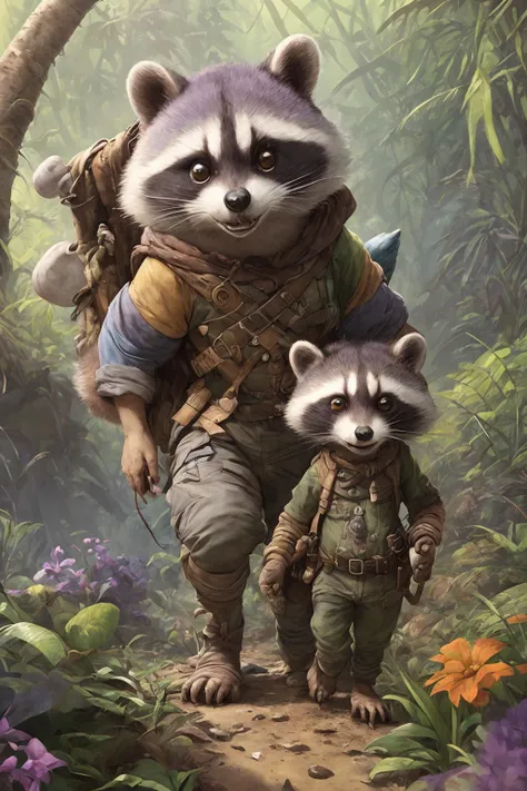 cute racoon adventurer walk in wild colorfully jungle, oversaturated, by Jean-Baptiste Monge, Gilles Beloeil, Tyler Edlin, Marek Okon, Pixar, 8k, album art, comic style, golden ratio, perfect composition, a masterpiece, trending on artstation, purple fur
