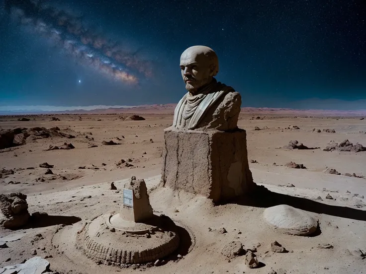 desolated planet, hot desert, epic night star sky, galaxy, desolated and destroyed bust-statue of Lenin, destroyed moon