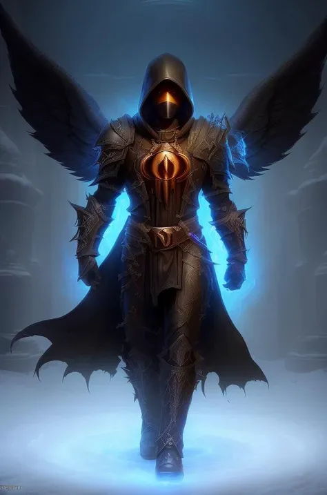 a full body fantasy male angel, wearing hood, ((no face under the hood)), ((no legs)), (Blizzard Entertainment style:1.2), (Diablo game:1.3), glowing wings, masterpiece, 8k wallpaper