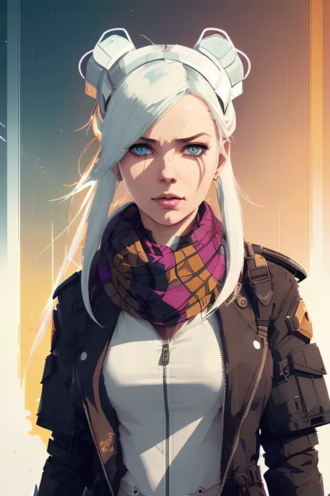 highly detailed portrait of halo, blue eyes, tartan scarf, white hair by atey ghailan, by greg rutkowski, by greg tocchini, by james gilleard, by joe fenton, by kaethe butcher, gradient yellow, black, brown and magenta color scheme, grunge aesthetic!!! graffiti tag wall background