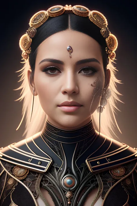 complex 3d render ultra detailed of a beautiful porcelain profile kim kardashians face , biomechanical cyborg, analog, 150 mm lens, beautiful natural soft rim light, big leaves and stems, roots, fine foliage lace, colorful details, massai warrior, Alexander Mcqueen high fashion haute couture, pearl earring, art nouveau fashion embroidered, steampunk, intricate details, mesh wire, mandelbrot fractal, anatomical, facial muscles, cable wires, microchip, elegant, hyper realistic, ultra detailed, octane render, H.R. Giger style, volumetric lighting, 8k post-production
