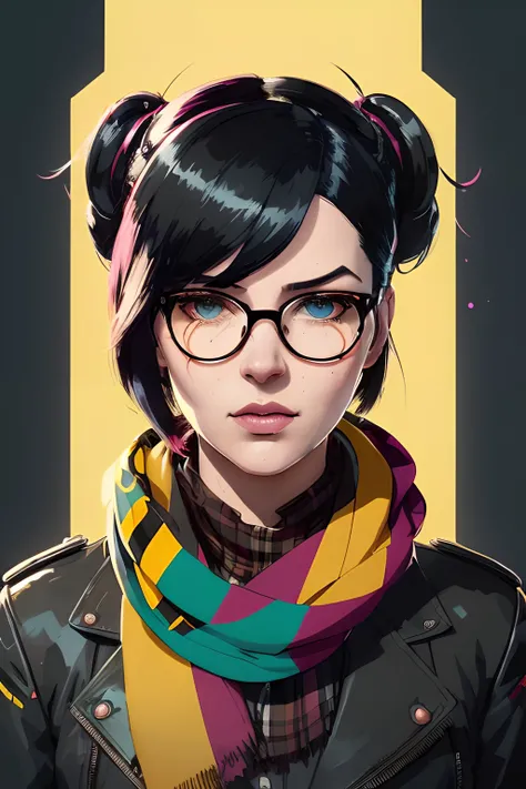 highly detailed portrait of halo, blue eyes, eyeglasses, tartan scarf, black hair by atey ghailan, by greg rutkowski, by greg tocchini, by james gilleard, by joe fenton, by kaethe butcher, gradient yellow, black, brown and magenta color scheme, grunge aesthetic!!! graffiti tag wall background