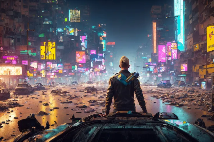 a scenery of a smoking man from behind with scars and mud, looking out of a car window while driving through a post apocalyptic cyberpunk city, cartoon style, cyberpunk 2077, broken windows, glass shards, rubble, abandoned city at night