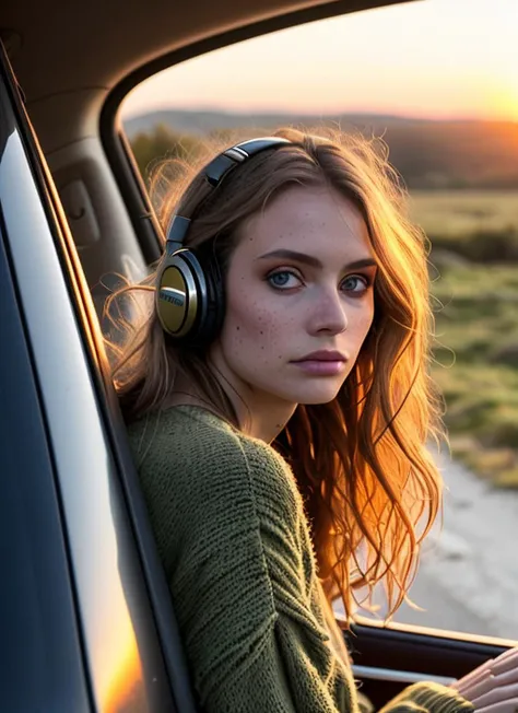 sunset, a color RAW (closeup:1.2) photo a girl in moss sweater in car sitting near window, long messy hair, 24 yo, back lighting, headphones, nude makeup
ultra-detailed skin, moles, photojournalism
low light, peter lindbergh