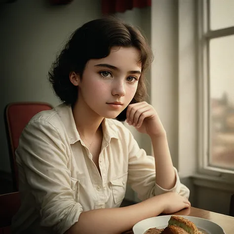 a solo Soviet Union teen girl, natural skin texture, muted colors, high detailed, USSR, Soviet Union, flying dust, elegant, vsco,Intricately detailed, complex background, dining room, eatery
