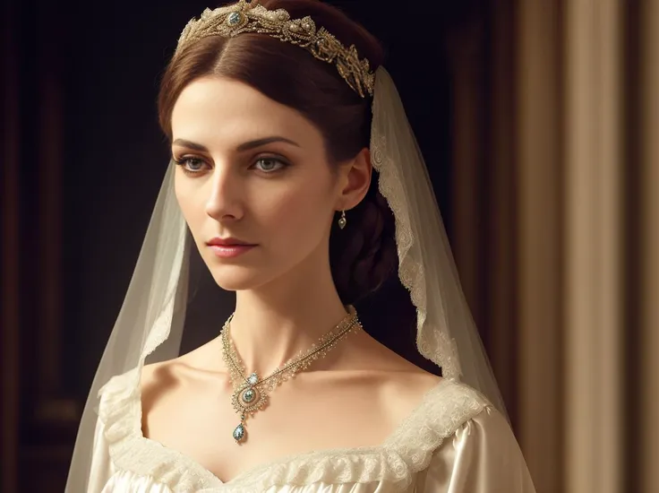 A ghost of a woman, victorian era, tall, slender, long hair pinned up in a bun in the back of her head, pale skin, translucent skin, glowing body, dim lighting, wearing a flowing gown made of lace and silk adorned with intricate beading and lacework, matching veil over her face, held in place with a tiara of pearls and diamonds, dark piercing eyes, ethereal appearance, floating, victorian livingroom background, realistic, 12k