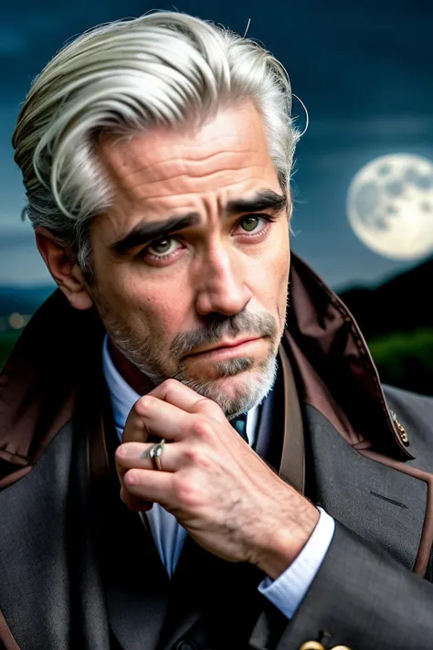 outdoor, moonlight, steampunk, hills, a RAW photo a man in old coat, (closeup:1.2), (Colin Farrell:0.8), moles, white hair,
ultra detailed skin, photojournalism
low light