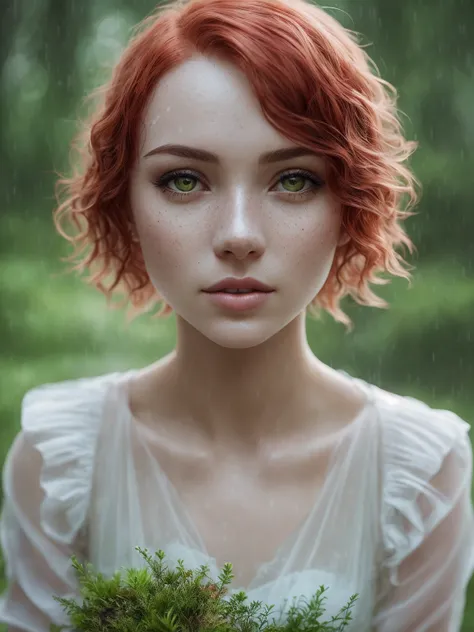 cute woman under drizzling rain, (elegant, beautiful face), transparent white dress, forest moss, (freckles:0.8), flowers feld,
curly red hair, magical atmosphere, (short hair), ((detailed skin, skin texture)), ultradetailed
(intricately detailed, fine details, hyperdetailed), raytracing, subsurface scattering, (fantasy underworld on background), diffused soft lighting, shallow depth of field, by (Oliver Wetter), sharp focus bokeh, (realistic photo quality:1.4)