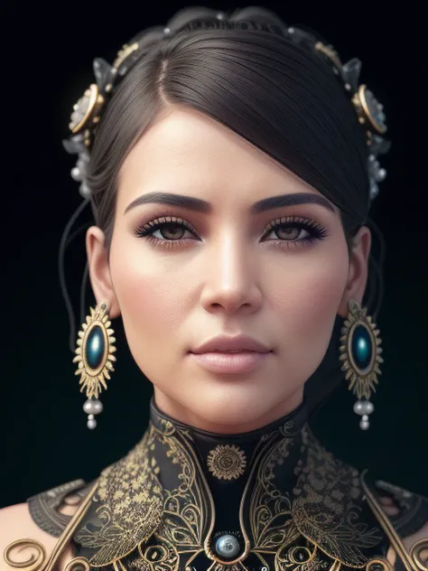 complex 3d render ultra detailed of a beautiful porcelain profile kim kardashians face , biomechanical cyborg, analog, 150 mm lens, beautiful natural soft rim light, big leaves and stems, roots, fine foliage lace, colorful details, massai warrior, Alexander Mcqueen high fashion haute couture, pearl earring, art nouveau fashion embroidered, steampunk, intricate details, mesh wire, mandelbrot fractal, anatomical, facial muscles, cable wires, microchip, elegant, hyper realistic, ultra detailed, octane render, H.R. Giger style, volumetric lighting, 8k post-production