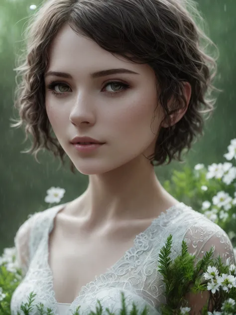 cute woman under drizzling rain, (elegant, beautiful face), transparent white dress, forest moss, (freckles:0.8), flowers feld,
curly short hair, magical atmosphere, (short hair), ((detailed skin, skin texture)), ultradetailed
(intricately detailed, fine details, hyperdetailed), raytracing, subsurface scattering, (fantasy underworld on background), diffused soft lighting, shallow depth of field, by (Oliver Wetter), sharp focus bokeh, (realistic photo quality:1.4)