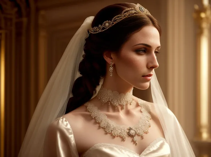 A ghost of a woman, victorian era, tall, slender, long hair pinned up in a bun in the back of her head, pale skin, translucent skin, glowing body, dim lighting, wearing a flowing gown made of lace and silk adorned with intricate beading and lacework, matching veil over her face, held in place with a tiara of pearls and diamonds, dark piercing eyes, ethereal appearance, floating, victorian livingroom background, realistic, 12k