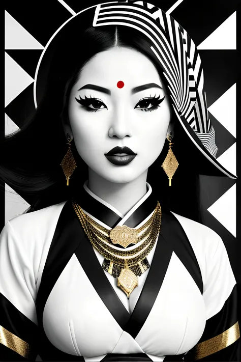 op art, geisha, with hyper-arabic Latina style girl in sexy posture, female model in street of tokyo , collage, goldblocks, brutalism, Arabic calligraphy graffiti black and white portrait by Christian Hilfgott Brand, behance contest winner, pop surrealism, behance hd, dc comics, reimagined by industrial light and magic gold and silver