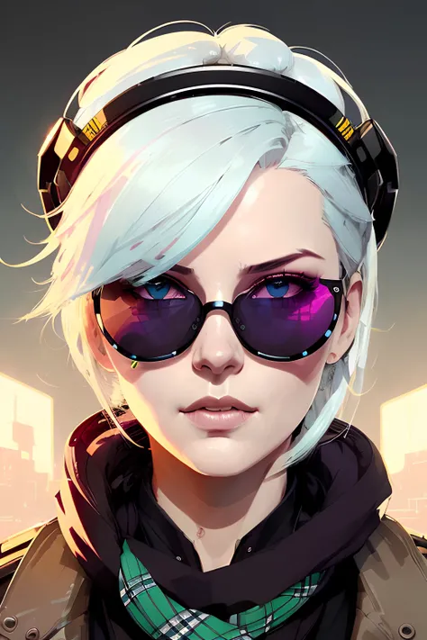 highly detailed portrait of halo, blue eyes, tartan scarf, white hair by atey ghailan, by greg rutkowski, by greg tocchini, by james gilleard, by joe fenton, by kaethe butcher, gradient yellow, black, brown and magenta color scheme, grunge aesthetic!!! graffiti tag wall background