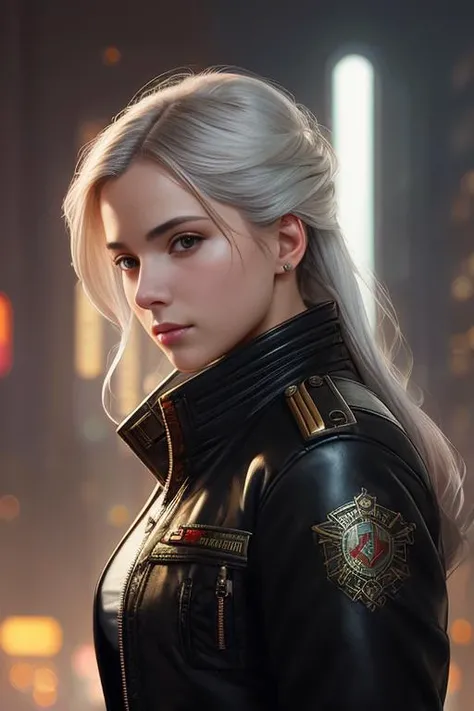 modelshoot style, (extremely detailed CG unity 8k wallpaper, hasselblad award winner), beautiful detailed portrait of a young female with silver hair, beautiful sports girl in the militia uniform of the Soviet Union, serious look, cinematic lighting, ambient soft lighting, dramatic lighting, diffused soft lighting, aviator style, futuristic cyberpunk, highly detailed, intricate, sexy uniform, hot body, small breasts, long black fur leather coat, night city cyberpunk, artstation, cgsociety art, DeviantArt trending, 8k HD, masterpiece, high quality, sharp focus, digital art by Artgerm and Greg Rutkowski and Alphonse Mucha, professional majestic oil painting by Ed Blinkey, Atey Ghailan, Studio Ghibli, by Jeremy Mann, Greg Manchess, Antonio Moro, trending on ArtStation, trending on CGSociety, Intricate, High Detail, Sharp focus, dramatic, photorealistic painting art by midjourney and greg rutkowski