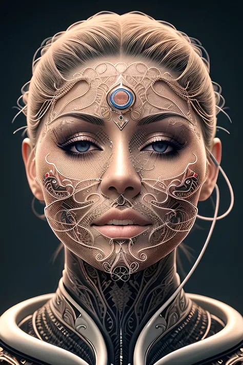 complex 3d render ultra detailed of a beautiful porcelain profile kim kardashians face , biomechanical cyborg, analog, 150 mm lens, beautiful natural soft rim light, big leaves and stems, roots, fine foliage lace, colorful details, massai warrior, Alexander Mcqueen high fashion haute couture, pearl earring, art nouveau fashion embroidered, steampunk, intricate details, mesh wire, mandelbrot fractal, anatomical, facial muscles, cable wires, microchip, elegant, hyper realistic, ultra detailed, octane render, H.R. Giger style, volumetric lighting, 8k post-production