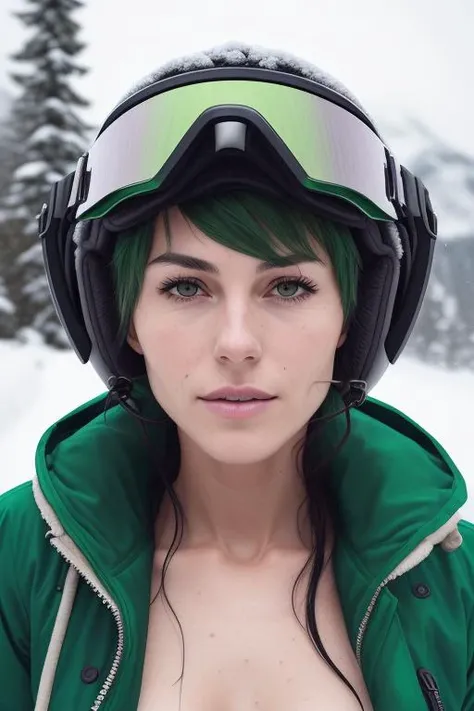 close up portrait 85mm, green hair, nsfw, (big breasts:0.2), nude, mature woman, fully exposed breasts, short hair, detailed beautiful face + detail skin pores, imperfect skin, dark sky, dark winter, snow, cloudy sky, ultra-detailed body, [nipples:0.5], wearing jacket unzipped, snowboarding helmet + goggles, frontal pose, photo by snowboarding magazine
