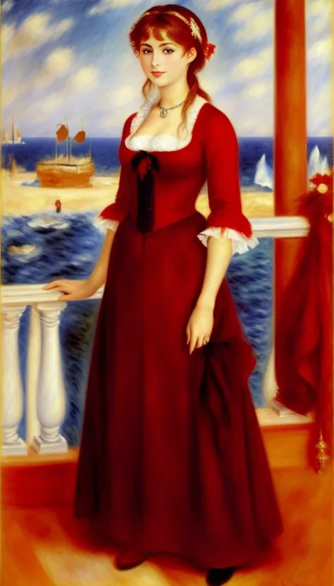 Woman in a red dress, long dress, against the backdrop of the red sea, Pierre-Auguste Renoir