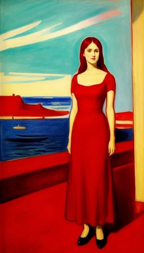 Woman in a red dress, long dress, against the backdrop of the red sea, Edvard Munch