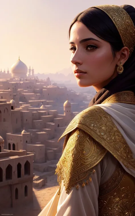 modelshoot style, (extremely detailed CG unity 8k wallpaper), full shot body photo of the most beautiful artwork in the world, (arabic princess) with armor, delicate silk clothes, arabian silk Hijab, magic, an arabic village with persian details in the background, hdr, photorealistic painting by Ed Blinkey, Atey Ghailan, Studio Ghibli, by Jeremy Mann, Greg Manchess, Antonio Moro, trending on ArtStation, trending on CGSociety, Intricate, High Detail, Sharp focus, dramatic, photorealistic painting art by midjourney and greg rutkowski
