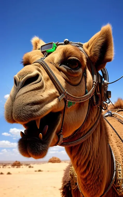 a close shot of a funny camel with body made out of metal, (cyborg:1.1), ([detailed wire]:1.3), (intricate details), hdr, (intricate details, hyperdetailed:1.2), cinematic shot, vignette, detailed and intricate environement,
