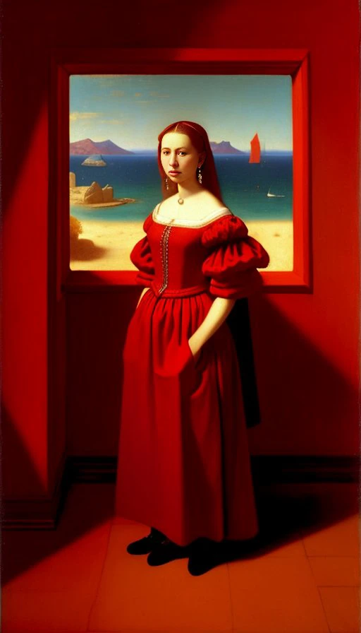 Woman in a red dress, long dress, against the backdrop of the red sea, Johannes Vermeer