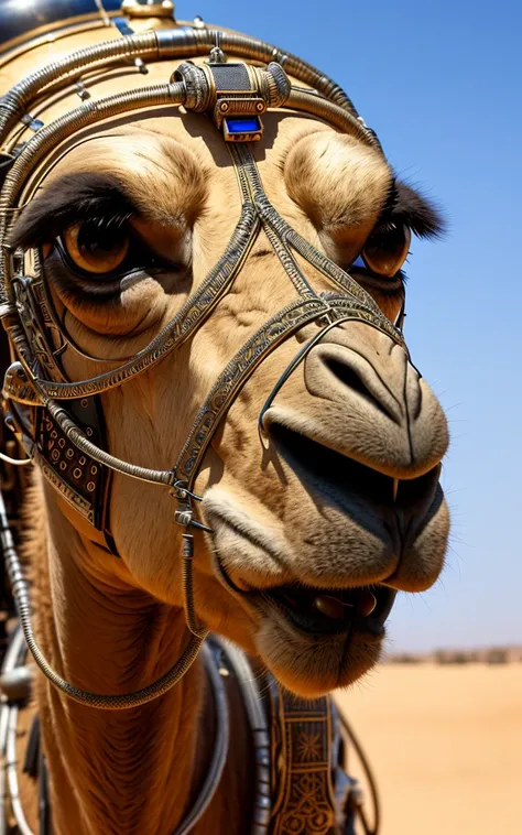 a close shot of a funny camel with body made out of metal, (cyborg:1.1), ([detailed wire]:1.3), (intricate details), hdr, (intricate details, hyperdetailed:1.2), cinematic shot, vignette, detailed and intricate environement,