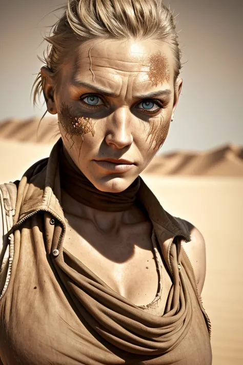 outdoor, MadMax, sands, a RAW photo a woman in tan sleeveless jacket, closeup, for ultra detailed skin, photojournalism, (moles:0.5) low light