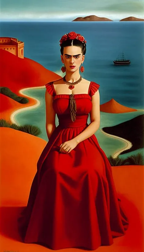 Woman in a red dress, long dress, against the backdrop of the red sea, Frida Kahlo