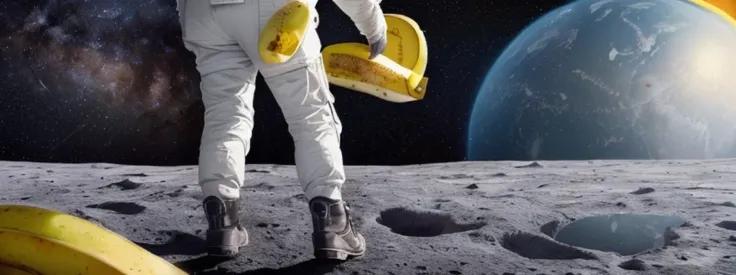 astronaut on moon, looking on Earth, (view from back:1.2), (holding a banana in right hand:1.5), (Milky Way on background:1.3), (shot on modern camera:1.3), trending on artstation, depth of fields, rutkowski, (reflections:1.3), detailed, (intricate details:1.1), hyperrealism, (closeup:0.7).