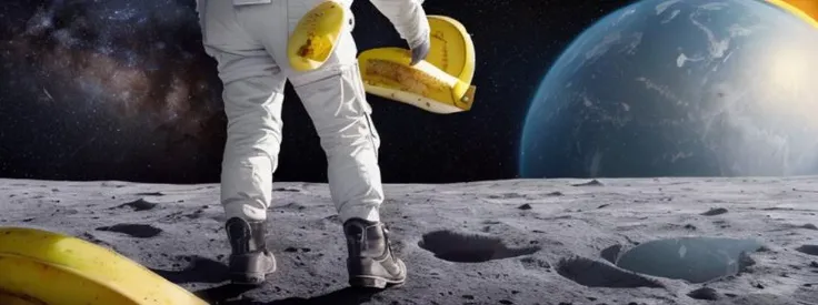 astronaut on moon, looking on Earth, (view from back:1.2), (holding a banana in right hand:1.5), (Milky Way on background:1.3), (shot on modern camera:1.3), trending on artstation, depth of fields, rutkowski, (reflections:1.3), detailed, (intricate details:1.1), hyperrealism, (closeup:0.7).