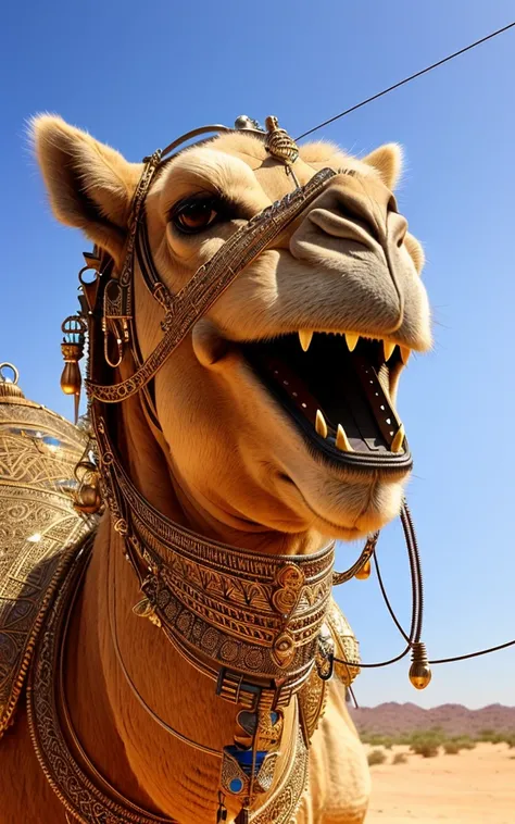a close shot of a funny camel with body made out of metal, (cyborg:1.1), ([detailed wire]:1.3), (intricate details), hdr, (intricate details, hyperdetailed:1.2), cinematic shot, vignette, detailed and intricate environement,