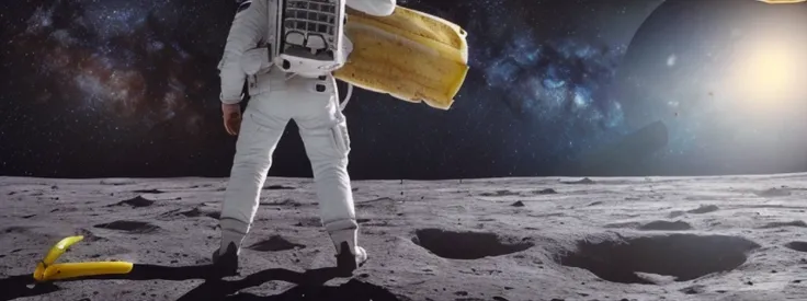 astronaut on moon, looking on Earth, (view from back:1.2), (holding a [gun | banana] in right hand:1.5), (Milky Way on background:1.3), (shot on modern camera:1.3), trending on artstation, depth of fields, rutkowski, (reflections:1.3), detailed, (intricate details:1.1), hyperrealism, closeup