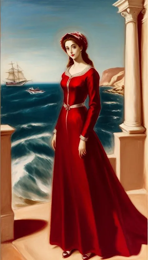 Woman in a red dress, long dress, against the backdrop of the red sea, El Greco