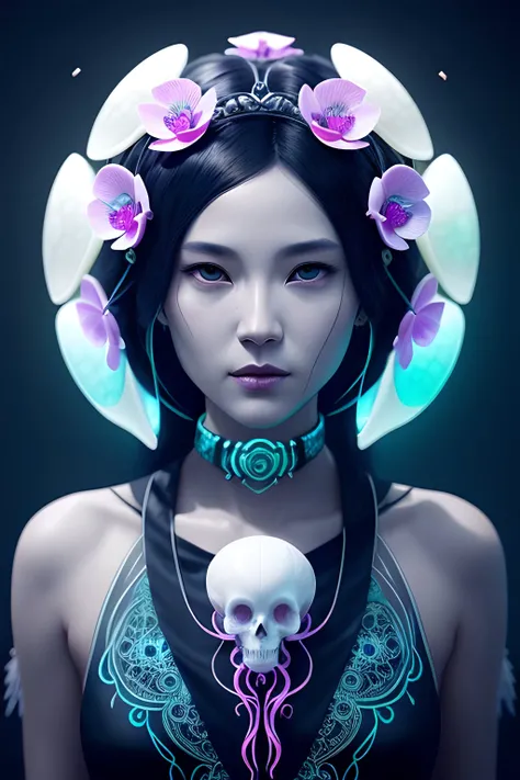 goddess portrait skull, ram skull, jellyfish, orchid, betta fish, bioluminescent, intricate artwork by Tooth Wu and wlop and beeple. octane render, trending on artstation, greg rutkowski very coherent symmetrical artwork. cinematic, hyper realism, high detail, octane render, 8k